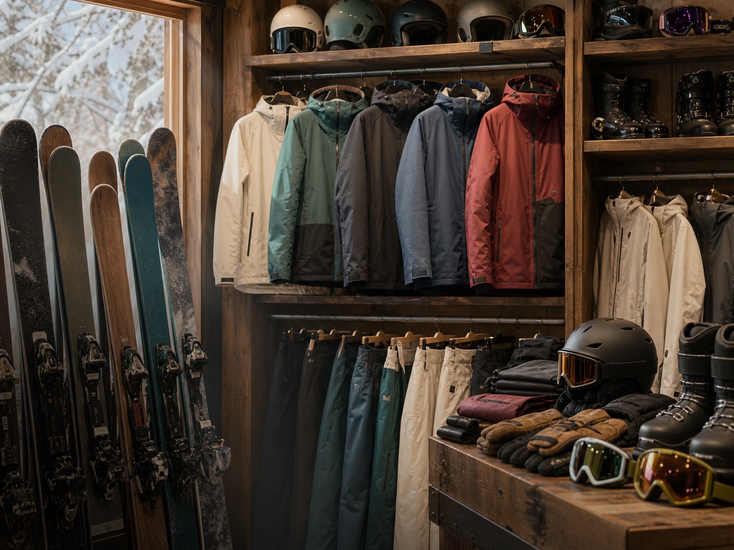Stylish ski wear and winter accessories displayed in a rental shop